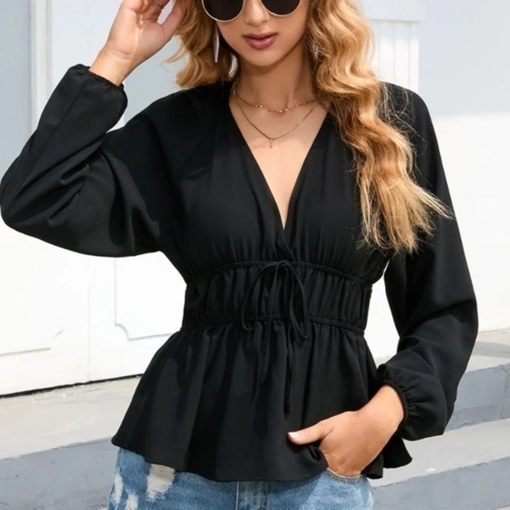 FAVLUX Black Balloon Sleeve Plunge Peplum Blouse